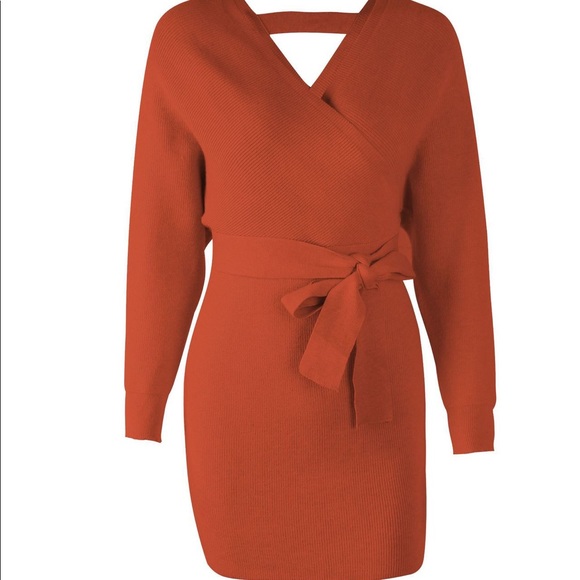 🆕🔥V Neck Tie Belt Sweater Dress Orange - Picture 4 of 6